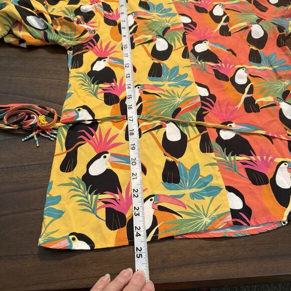 Farm Rio Wrap Shirt Sz Small Tropical Toucan Beaded Tassels Boho Career Casual - Picture 10 of 16